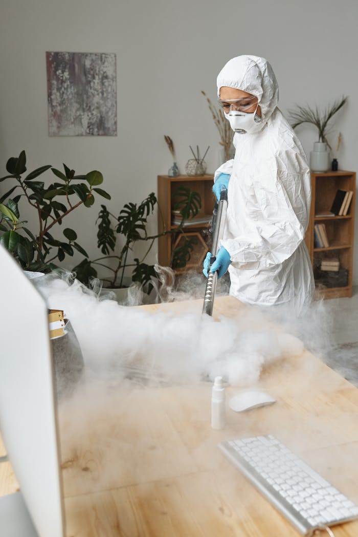 team-01 Woman in protective gear disinfects a wooden table, indoor setting, using fumigation method.