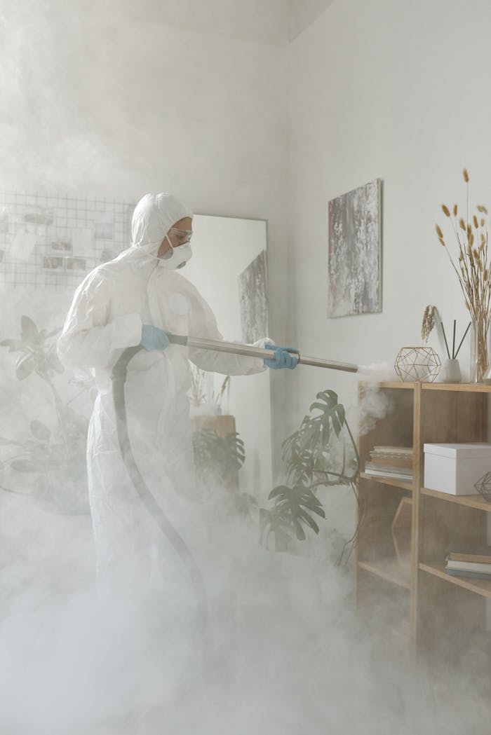 who-we-are Individual in protective gear fumigating a room with smoke visible, focusing on hygiene and safety.