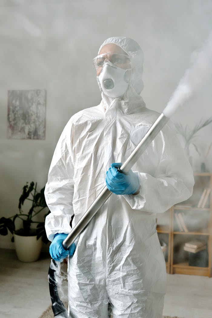 Individual in protective gear using a fumigation device inside a room for sanitization.
